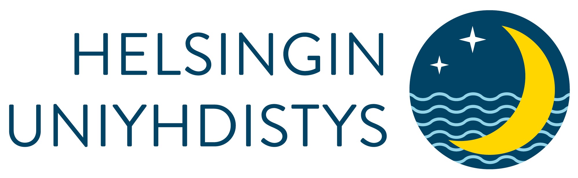 Helsingin uniyhdistyksen logo. Pyöreä pallo jonka sisällä keltainen kuunsirppi kaksi valkoista tähteä ja sinisiä uniaaltoja